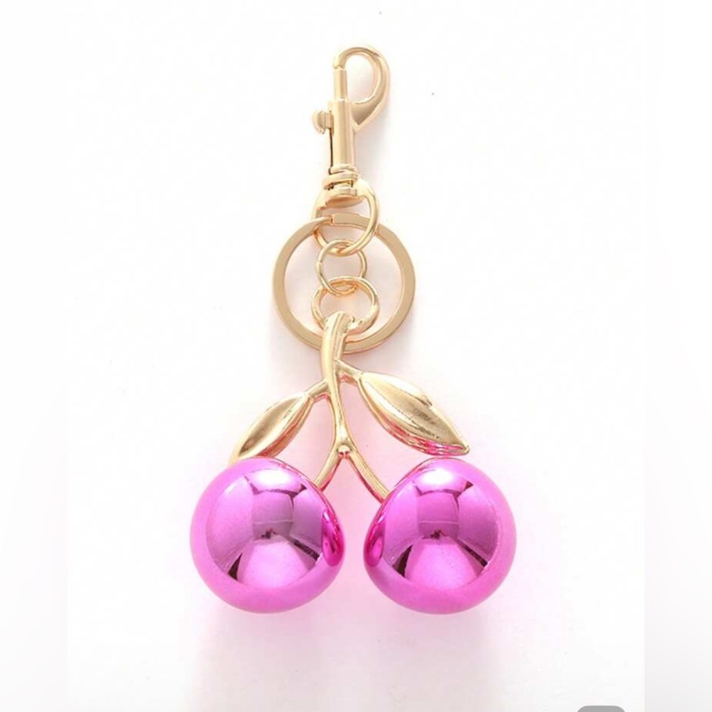 HOT PINK Iridescent and Gold Cherry Bag Charm or Keyring